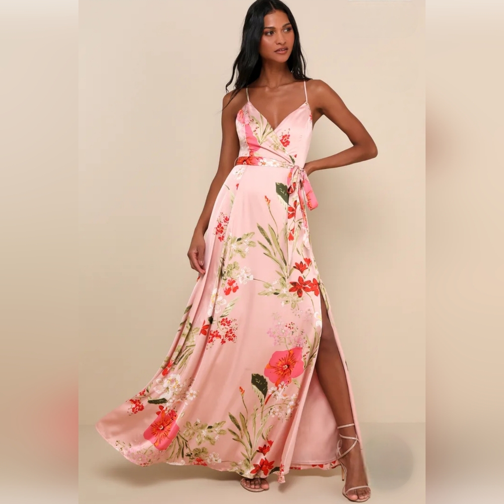 Lulus - Still The One Blush Pink Floral Blush Pink Satin Maxi Dress- Size XS
